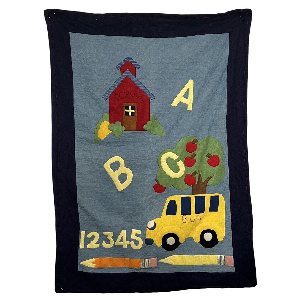 Handmade School Quilt ABC 123‎ School House Bus Pencil Apple Applique Blue 42x56